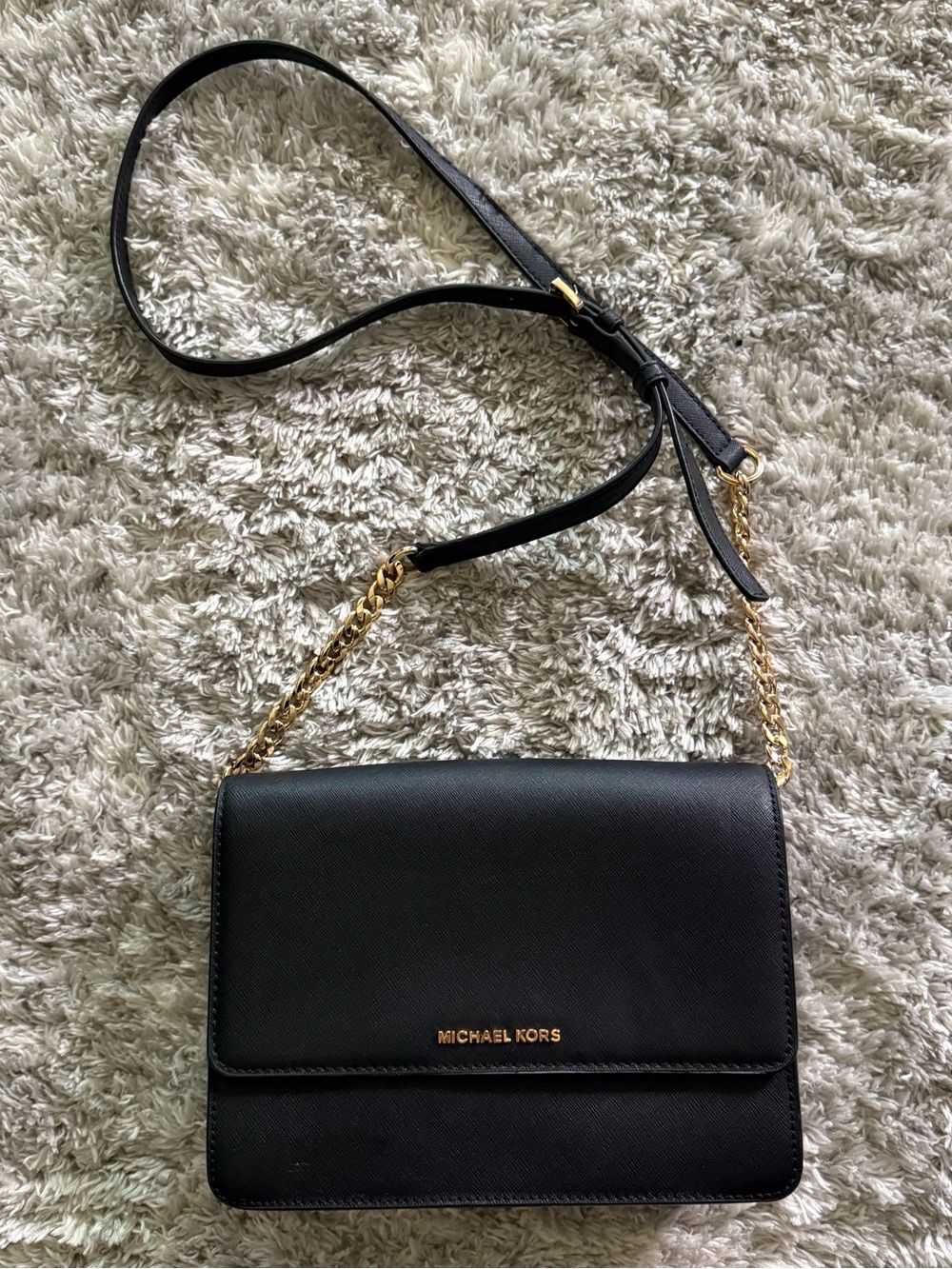 Michael Kors Black Leather Crossbody with Gold Chain